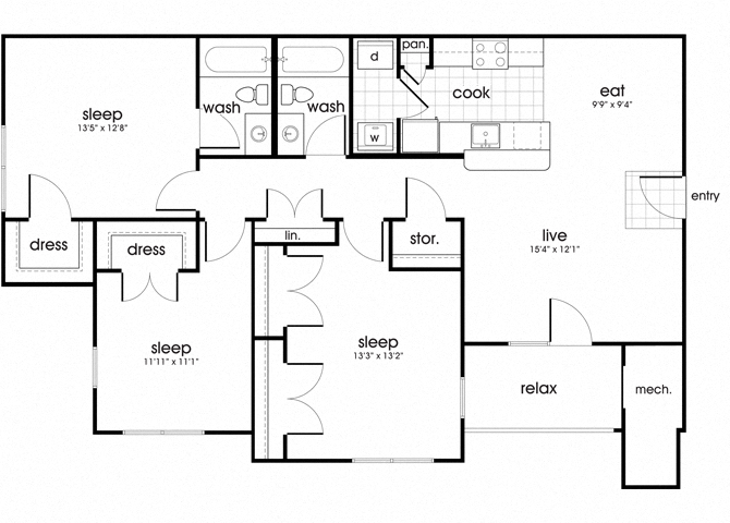 Floor plan for 3 beds, 2 baths, 1240 sqft