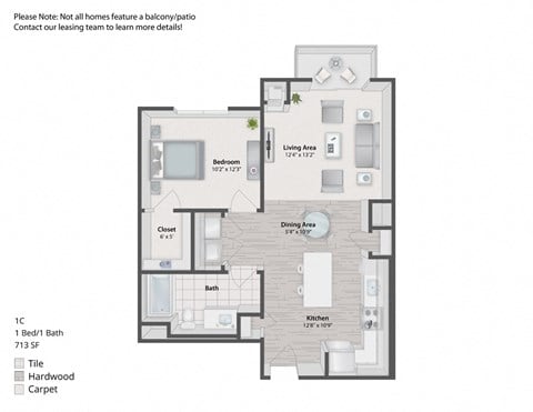 Floor plan for 1 bed, 1 bath, 717 sqft