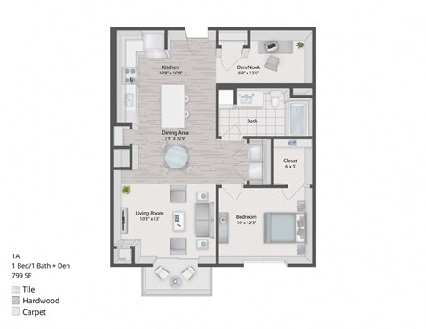 Floor plan for 1 bed, 1 bath, 834 sqft